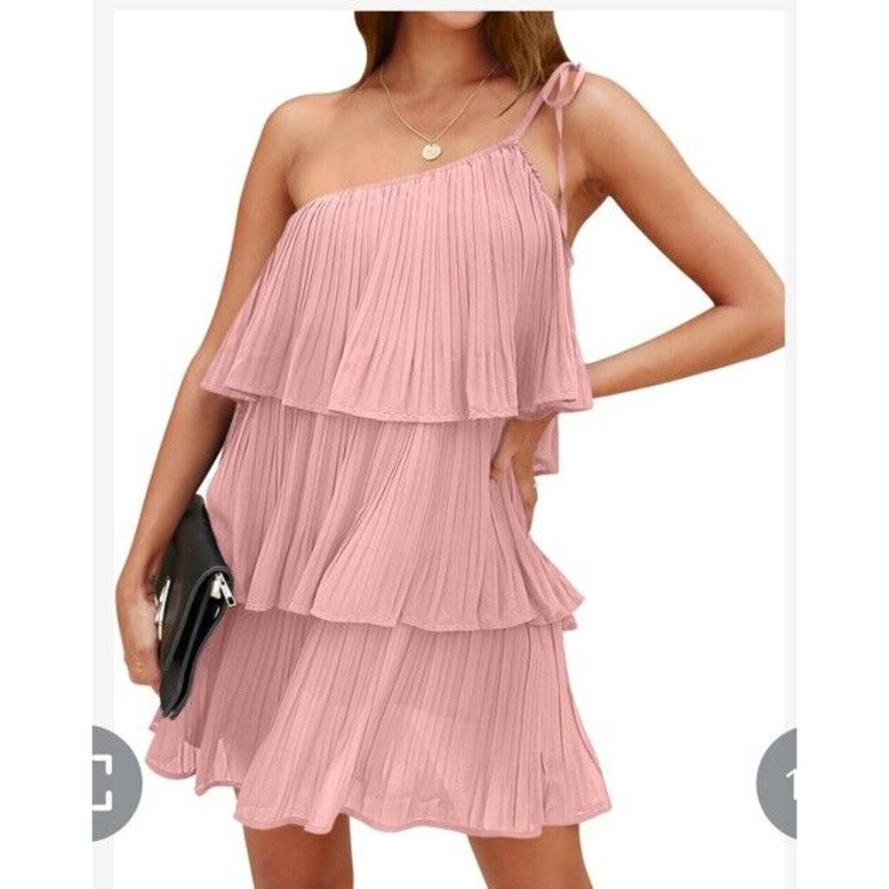 Women's One Shoulder Tie Strap Lightweight Layered Short Dress Pink Medium NWT